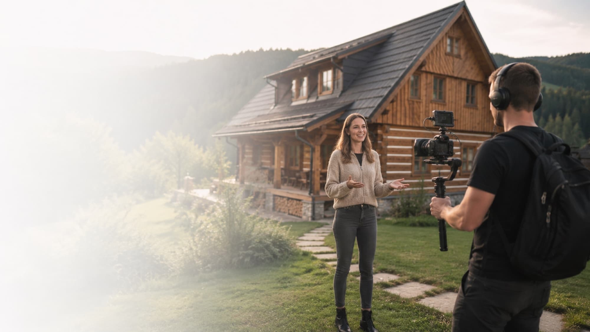 Kameraman Holiday Media natáčí moderátorku před roubenkou v horách